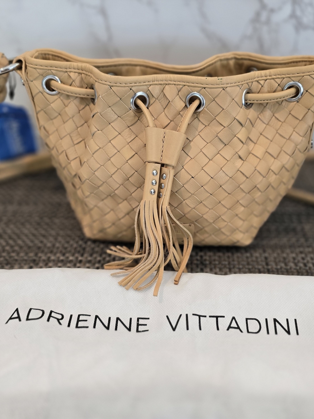 NWT Adrienne Vittadini Woven Leather Crossbody Bucket Bag with Tassel Detail